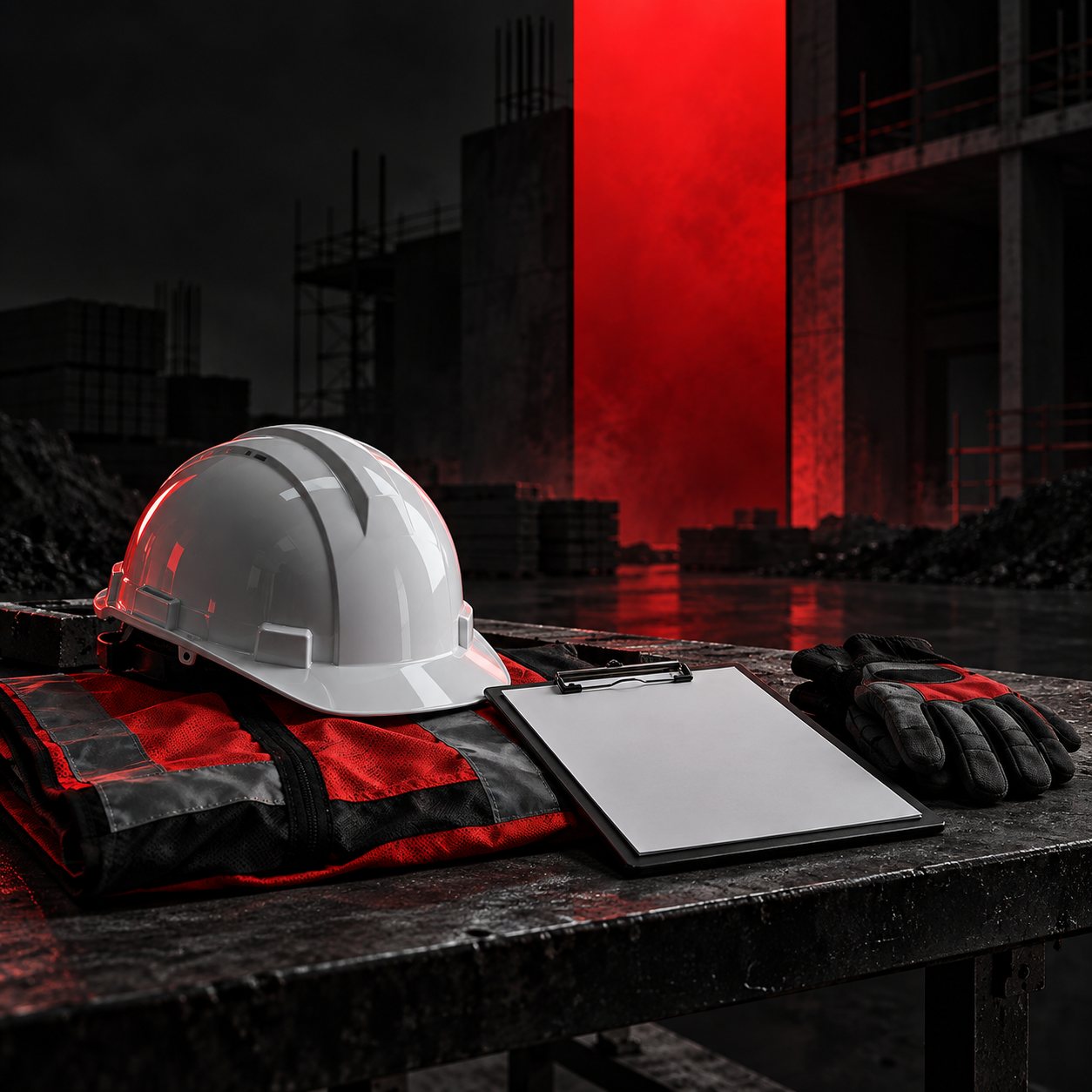 Briefing sécurité sur chantier, équipes en équipements de protection