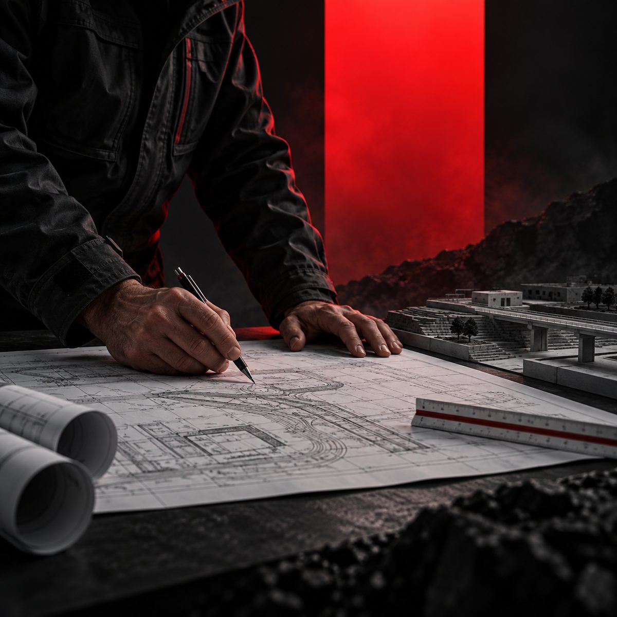 Engineers working on drawings